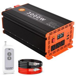 3000와트 파워 인버터 12V DC ~ 110V / 120V AC 컨버터 피크 6000W 자동차 인버터(LCD 디스플레이 3 콘센트 RV 트럭 오프 그리드 태양광 시스템용 USB 및 타입-C 포트 2개 리모컨 포함)