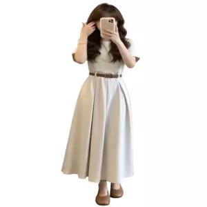 여성 화이트 라운드 벨트 반팔 루즈핏 플레어 원피스