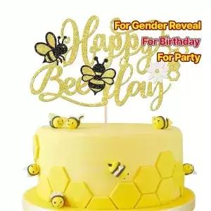 1개 꿀벌 꽃 대형 케이크 토퍼 황금빛 반짝이 생일 축하 디자인 벌집 장식 파티에 완벽