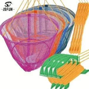 JSFUN 1개 핑크 오렌지 그린 블루 4색 낚시망 휴대용 게 던지기 그물 송어 접이식 미끼 가방 로프