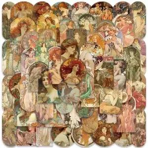 60Pcs 빈티지 Alphonse Maria 스티커 레트로 DIY Scrapbooking 전화 수하물 스케이트 보드 방수 낙서 데칼