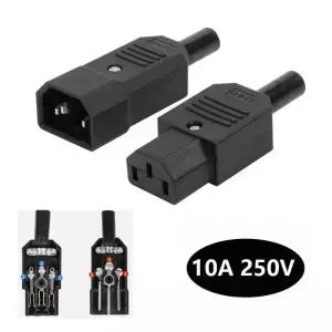 1PCS IEC 스트레이트 케이블 플러그 커넥터 C13 C14 10A 250V 검정색 여성 및 남성 재배선 가능 전원 3 핀