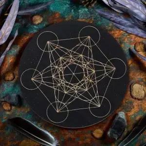Metatron 큐브 진자 보드 검은 배경 둥근 나무 마술 명상 결정 판 마녀 위칸 용품 도구