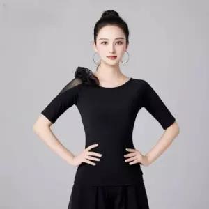 무대 댄스상의 라인댄스 블랙 M 상의 탱고 반팔 꽃무늬 플라워 메쉬