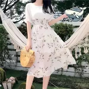 플라워 쉬폰 롱 원피스 하이웨스트 카라넥 여름원피스 반팔원피스 홈원피스 데님원피스