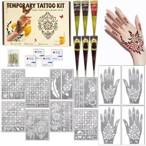 136 PCS 헤나 타투 스텐실 키트 임시 - 6 콘 3색 브라운 블랙 레드 잉크 페이스 바디 아트 페인팅용 여성