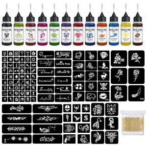 HILFNL 임시 타투 키트 12가지 색상 잉크 바디 페인팅용 스텐실 111개 여성 남성을 위한 DIY 아트 파티