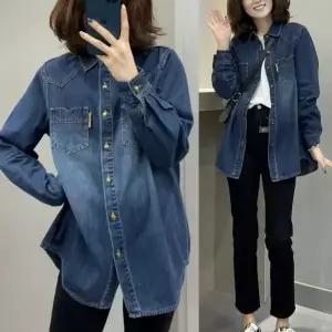 (브랜드 추천) 85kg까지 빅사이즈 여성 데님 하프 날씬해보이는 포켓 단추 셔츠 가을 겨울 편한 얇은 기모