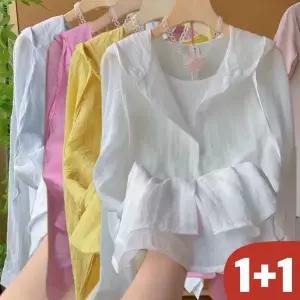 (신상 추천) 85kg까지 빅사이즈 1+1 여성 후드 스트링 패치워크 레쉬가드 셔츠 여름 편한 캐주얼 심플 부드