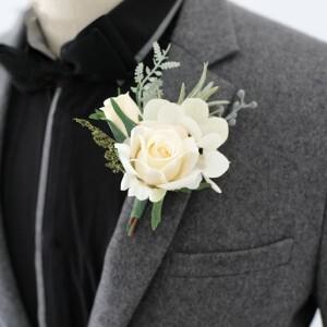 베이지 Boutonnieres 꽃 인공 장미 실크 화이트 코사지 신랑 들러리 남성용 결혼식 액세서리