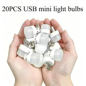 20개 USB 무드등 미니 LED 수면등 플러그 램프 보조배터리 충전식 북 라이트 원형 등 시력보호