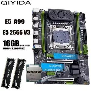 QIYIDA X99 마더보드 세트 키트 Xeon E5 2666 V3 CPU LGA 2011-3 프로세서 16GB DDR4 3200Mhz RAM 메모리