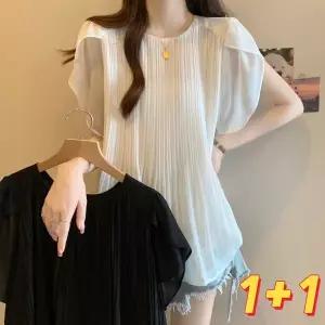 2장세트 여성 쉬폰블라우스 여름 오버핏 주름 플리츠 반팔 데일리 상의