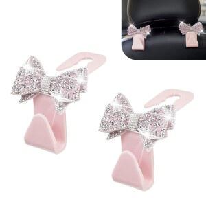 이디두 2PCS 블링 보우 카시트 헤드레스트 후크 PVC 대용량 차량 보관 다기능 크리스탈 라인스톤 귀여운 행거 장식 대부분의 차량용 유니버설 핑크