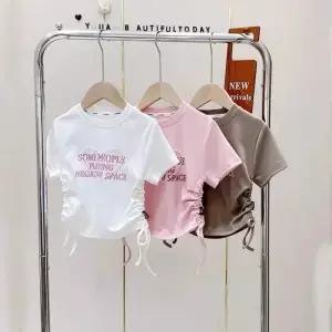 여아 반팔 셔츠 여름 패션 짧은 PearlTT-shirt2024New 맞춤형 전 경기 서양식 Drawstring-WS