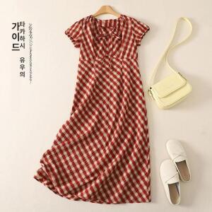 원픽 여성 여름 방학 슬리밍 체크 무늬 스커트레트로 작은 플라잉 슬리브 주름 V넥 드레스