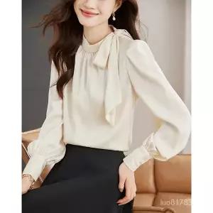 Yellwell여성 리본넥 퍼프 소매 블라우스, 데일리 오피스룩 여성 상의LST
