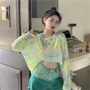 Yellwell여성 시스루 타이다이 긴팔 블라우스, 여성 투명 레이어드 셔츠LYT