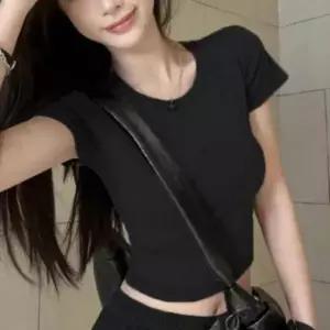 무지 라운드넥 크롭 반팔 티셔츠 여성 여름 기본 배꼽티 숏티