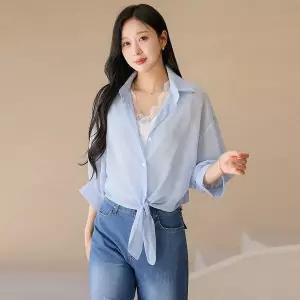 [스타일온미] 사르르 요루 쉬폰 벌룬 7부 소매 볼레로 카라 셔츠