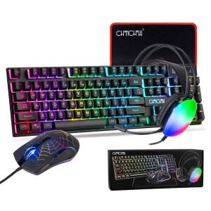 게이밍 키보드 마우스 패드와 마이크 콤보가 포함된 헤드셋이 모두 하나의 USB 유선 RGB 백라이트 레인보우 사이드 버튼 게이머 번들 세트로 PC Windows Xbox One PS5(블랙)와 호환됩니다