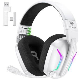 WEEARY PS5 PS4 PC 20ms 초저지연 2.4GHz 블루투스 5.4 게이밍 헤드폰 1200mAH 배터리 수명 FPS 게이머를 위한 3D 공간 오디오 화이트용 마이크 포함 무선 헤드셋