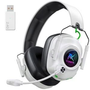 노이즈 캔슬링 마이크가 장착된 무선 게이밍 헤드셋 PC PS5 PS4 스위치 Mac 2.4GHz 블루투스 5.4 헤드폰 쿨 RGB 조명 40시간 배터리 50mm 드라이버(퓨어 흰색 화이트)
