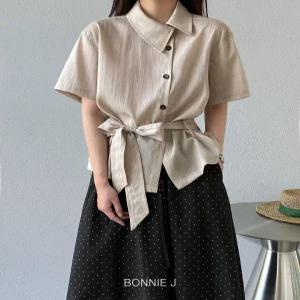[보니제이]여성 사선 카라 반팔 셔츠 블라우스 허리리본 스트링