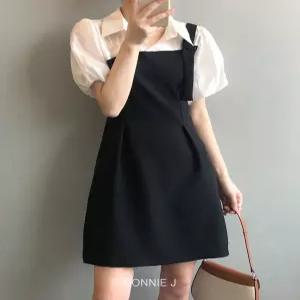 [보니제이]카라 반팔 셔츠 배색 뷔스티에 미니 원피스 퍼프 소매