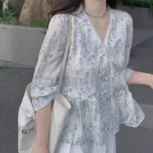 여자 베이직 플라워 패턴 브이넥 프릴 쿨소재 블라우스