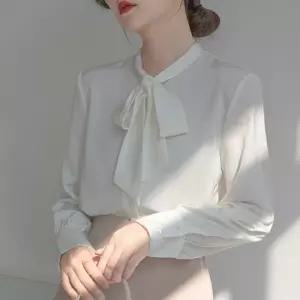 리본 스카프 포인트 새틴 오피스룩 여성 블라우스가을옷 패션의류 러블리 벌룬소매 오피스 출근 상의 차르