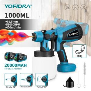 YOFIDRA 1000ML 무선 전기 스프레이 건 페인트 분무기 자동차 가구 코팅 마키타 호환 18V 배터리용