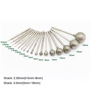 5pcs 0.5-16mm F-니들 볼 유형 전기 도금 다이아몬드 헤드 Dremel 로타리 용 생크 버 연마 그라인딩 비트