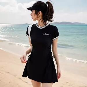 카라 배색 스포티 반팔 투피스 수영복 DA-1008930 여성 비키니모노 체형커버 스커트