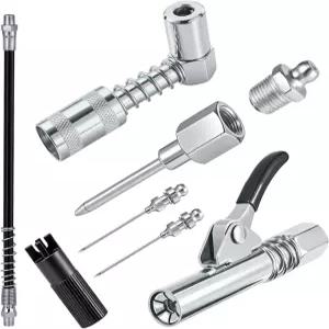 7PCS 그리스 건 피팅 키트 - 커플러 90도 어댑터 슬리브 네들 디스펜서 니들 노즐 팁 2개 12인치 호스 Zerk