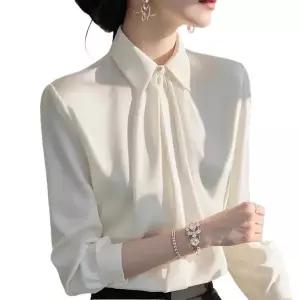 봄 가을 여성 데일리 오피스룩 프렌치 카라넥 셔링 쉬폰 흰색 긴팔 블라우스 Q36
