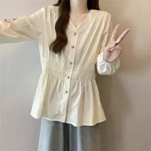 봄 가을 여성 오버핏 캐주얼 캐주얼 긴팔셔츠 브이넥 우아한 긴팔 블라우스 Q27