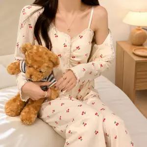 봄 여성 홈웨어 빅사이즈 무지 3피스 캡내장 슬립 노브라 파자마3쓰잠옷 찰랑세트 나디건 간절기 수유 임산