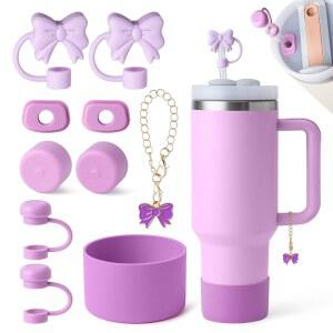 10PCS 스탠리 컵 액세서리 세트 액세서리에는 2PCS 보우 빨대 커버 귀여운 핸들 참 1개 실리콘 유출 방지 스토퍼 3개 부츠 1개가 40&30온스에 맞습니다
