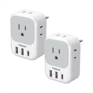 테산 2팩 유럽 여행 플러그 어댑터 전력 변환기 4개 콘센트 3개 USB(1 USB C PD 20W) 이탈리아로 가는 C형 국제 스페인 프랑스 포르투갈 아이슬란드 독일 EU 필수품