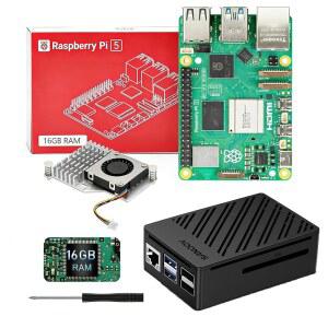 SANOOV 라즈베리 파이 5 16GB RAM용 싱글 보드 키트, 케이스 쿨러 액티브 포함 포함, ABS 스타터 RPI