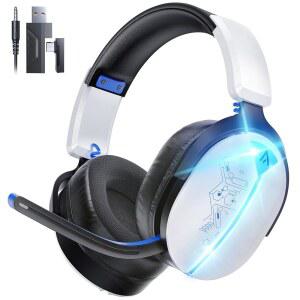 PS5 / PS4 PC 스위치 엑스박스용 마이크, 서라운드 2.4G 화이트 방지, BT5.3+ 유니버설 - 초경량 + NC 블루 통기성 25MS 패드, 지연 플레이 40H 3-IN-1 FPS, 무선 뷰니아 7.1 헤드셋, 유선,