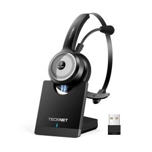 TECKNET 업무용 무선 헤드셋, 40시간 작업 PC 노이즈 시간 동글이 베이스 충전 센터용 있는 컴퓨터 및 포함, 블루투스 헤드폰, 헤드셋 캔슬링 /콜 /노트북 USB AI 마이크