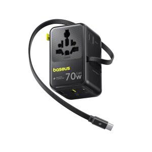 Baseus 70W 호환 여행 어댑터 접이식 케이블이 있는 6-in-1 국제 플러그 미국 /EU /영국 /AUS 200개국 이상을 위한 USB-C PD 고속 충전 전 세계 벽 충전기 - Enercore CG11