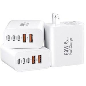 USB C 고속 벽 충전기 블록 3팩 60W USBC 충전 큐브 5포트 PD+QC 전원 어댑터 멀티포트 브릭 타입 박스 플러그 전화기용 17 /16 /15 /14 /13 /12 /11 /Pro Max /Plus 패드 미니 /S25 /S24-흰색 화이트