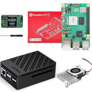 SANOOV 라즈베리 파이 5 16GB 키트(파이 드라이버 및 케이스 ABS 보드, RAM 보드용 쿨러, 액티브 포함)