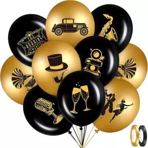 Aoriher 45피스 포효하는 20대 파티 풍선 장식 블랙 앤 골드 20번째 생일 빈티지 1920년대 테마 스피크