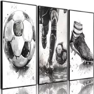 3PCS 축구 포스터 벽 아트 흑백 장식 그림 현대 스포츠 테마 경기장 남자 방 락커 거실 홈 액자 없음