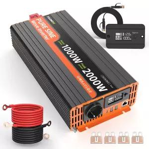 1000W 순수 정현파 인버터 DC 12V에서 AC 230V 2000W 피크 출력 차량용 변환기 LCD 디스플레이 2개의 USB