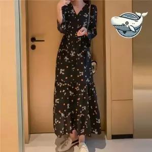 세련된 플라워 롱원피스 브이넥 데이트룩 봄가을 집업원피스 캉캉원피스 해외여행원피스